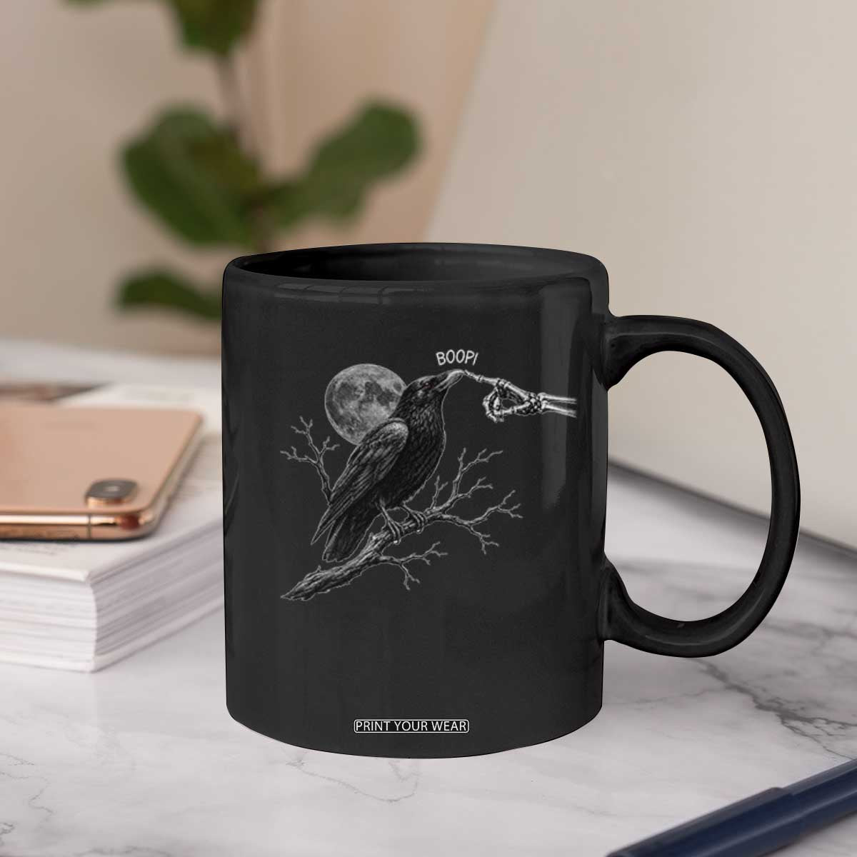 Skeleton Hand Boop Raven Coffee Mug Funny Spooky Halloween Crow Moon Graphic