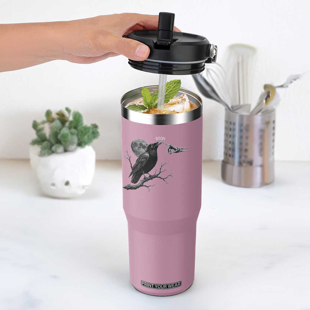 Skeleton Hand Boop Raven Flip Straw Tumbler Funny Spooky Halloween Crow Moon Graphic