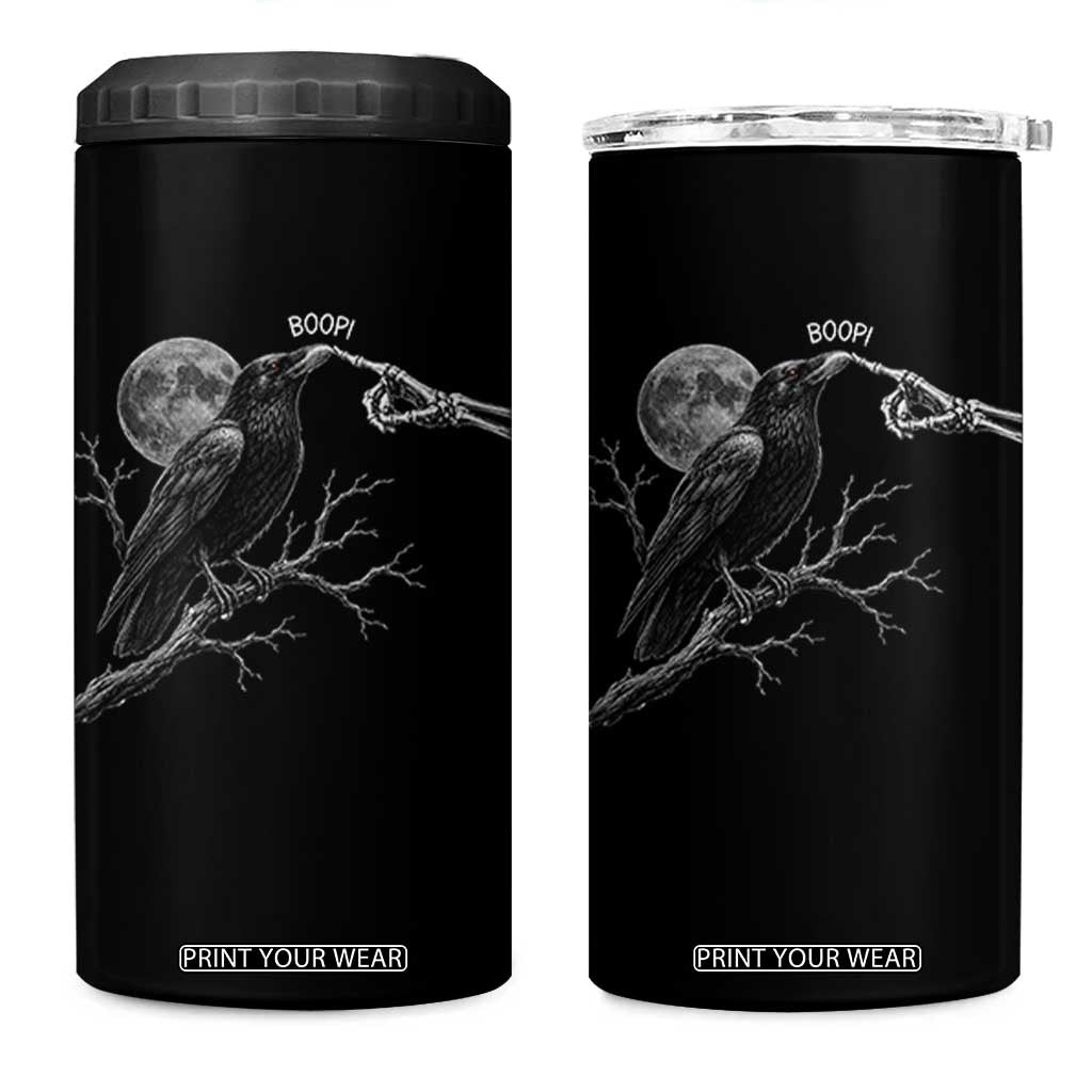Skeleton Hand Boop Raven 4 in 1 Can Cooler Tumbler Funny Spooky Halloween Crow Moon Graphic