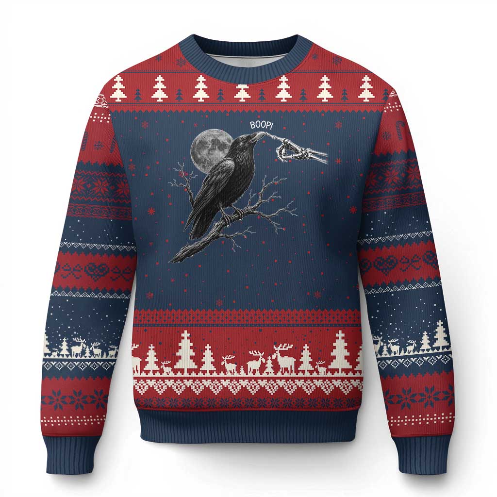 Skeleton Hand Boop Raven Ugly Christmas Sweater Funny Spooky Halloween Crow Moon Graphic TS10 Navy Red Print Your Wear