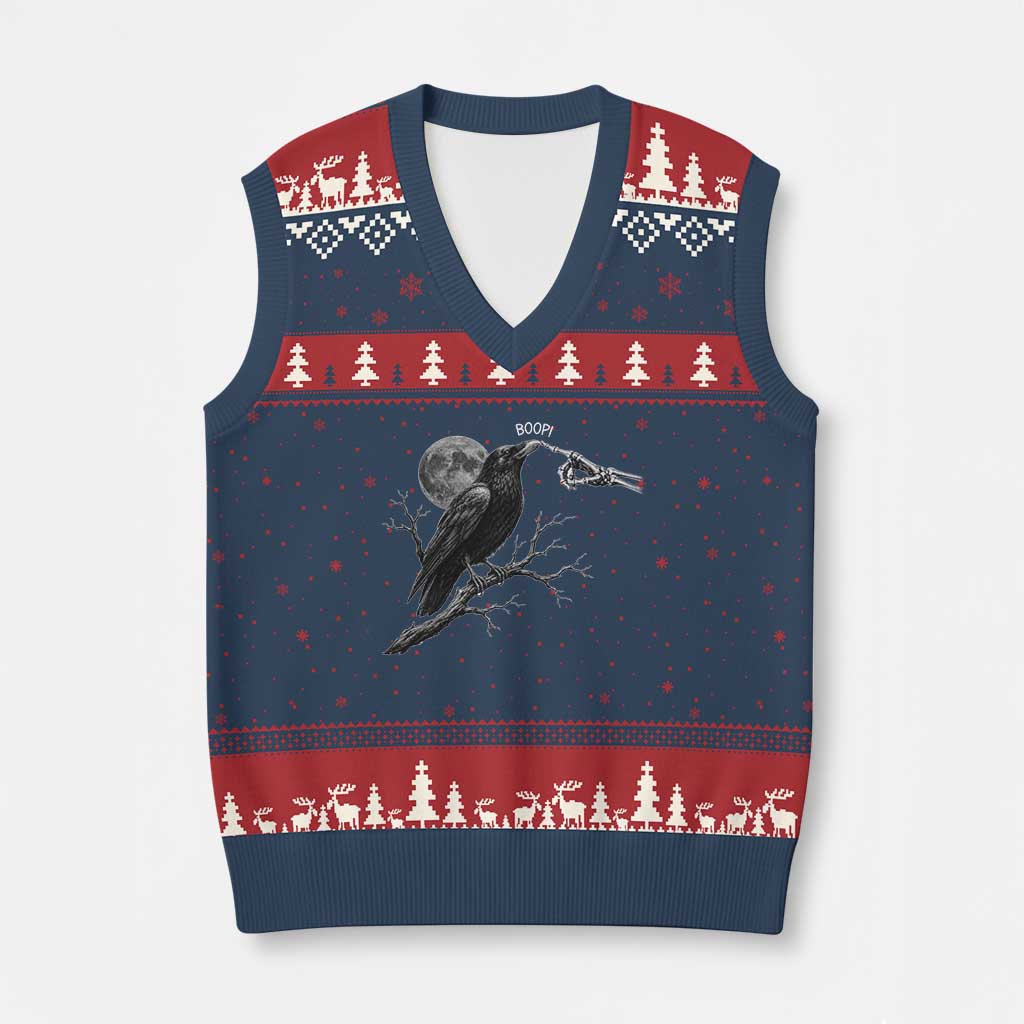 Skeleton Hand Boop Raven V-Neck Knit Sweater Vest Funny Spooky Halloween Crow Moon Graphic