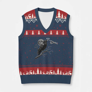 Skeleton Hand Boop Raven V-Neck Knit Sweater Vest Funny Spooky Halloween Crow Moon Graphic