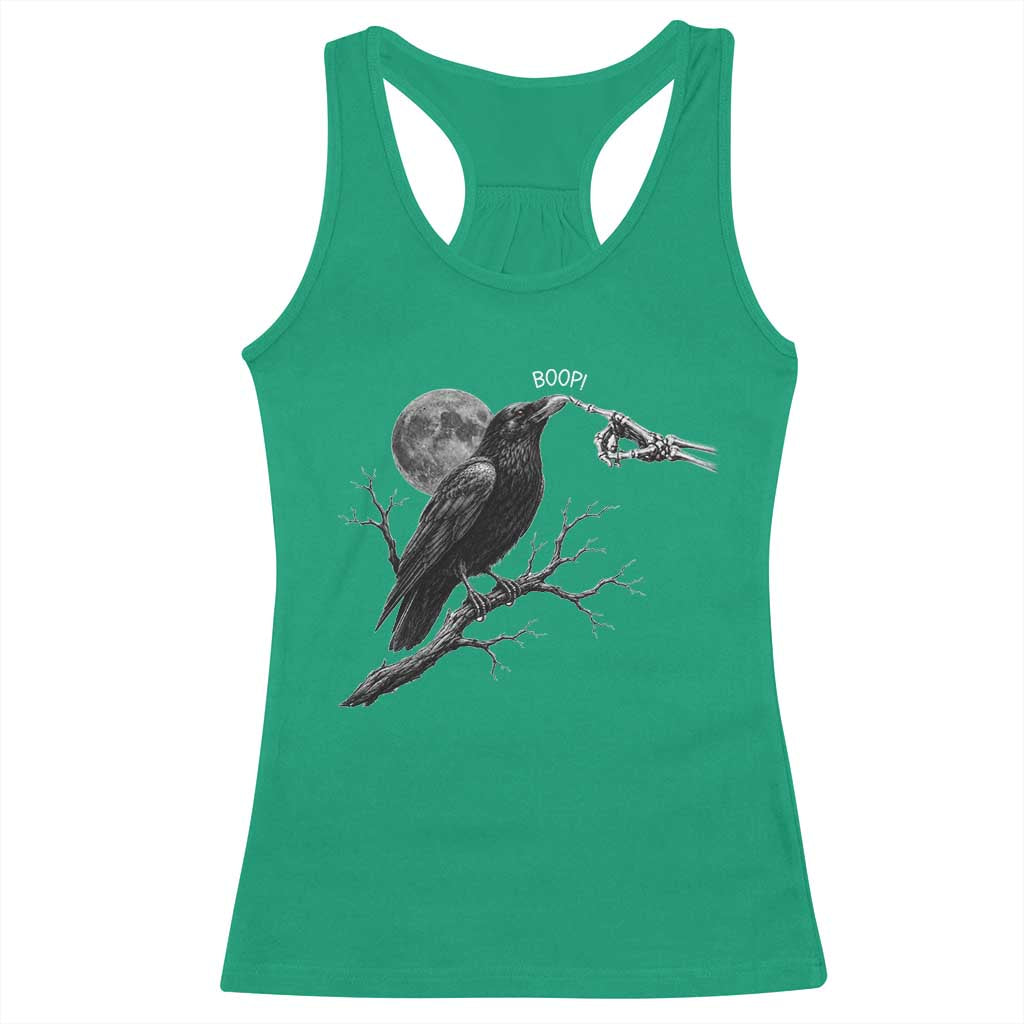 Skeleton Hand Boop Raven Racerback Tank Top Funny Spooky Halloween Crow Moon Graphic