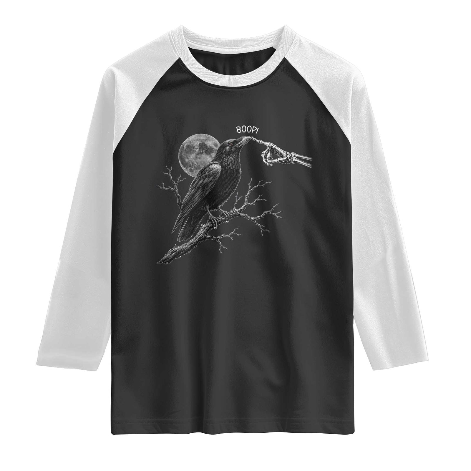Skeleton Hand Boop Raven Raglan Shirt Funny Spooky Halloween Crow Moon Graphic TS10 Black White Print Your Wear