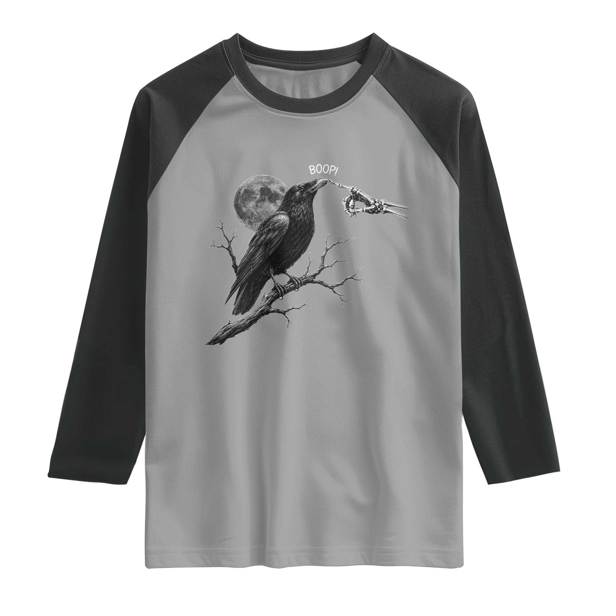 Skeleton Hand Boop Raven Raglan Shirt Funny Spooky Halloween Crow Moon Graphic