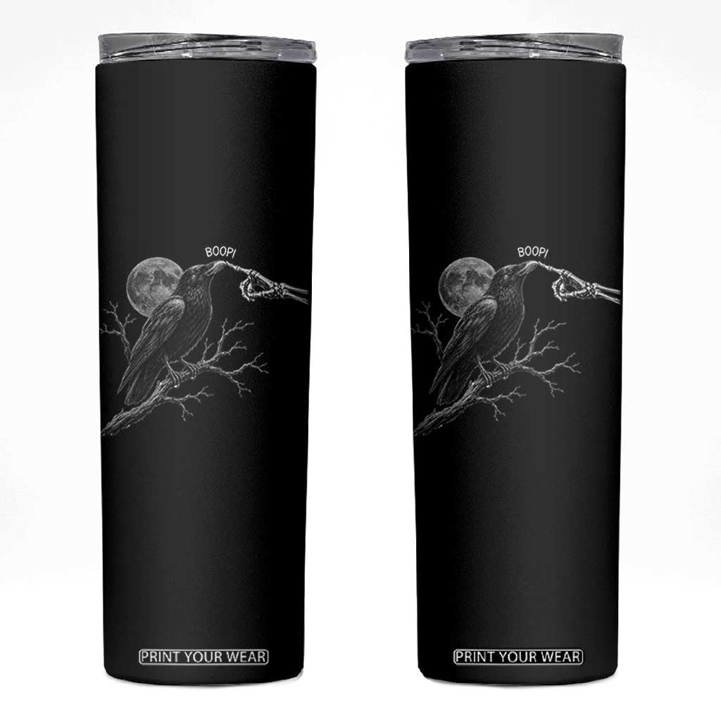 Skeleton Hand Boop Raven Skinny Tumbler Funny Spooky Halloween Crow Moon Graphic