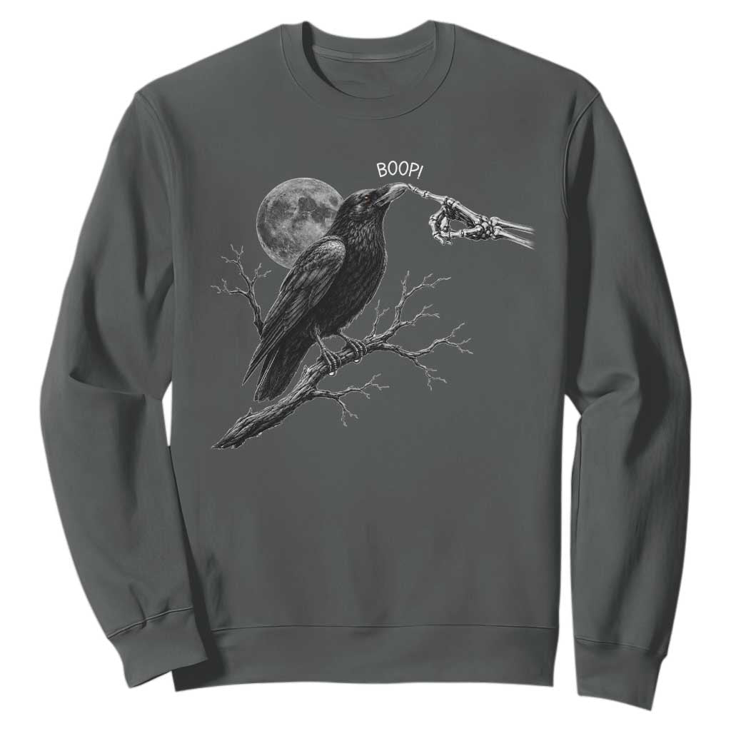 Skeleton Hand Boop Raven Sweatshirt Funny Spooky Halloween Crow Moon Graphic