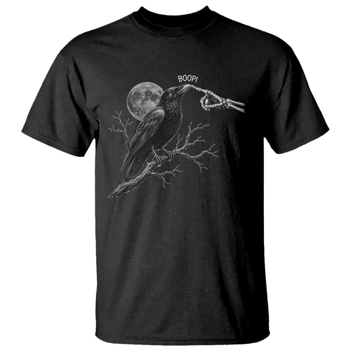 Skeleton Hand Boop Raven T Shirt Funny Spooky Halloween Crow Moon Graphic