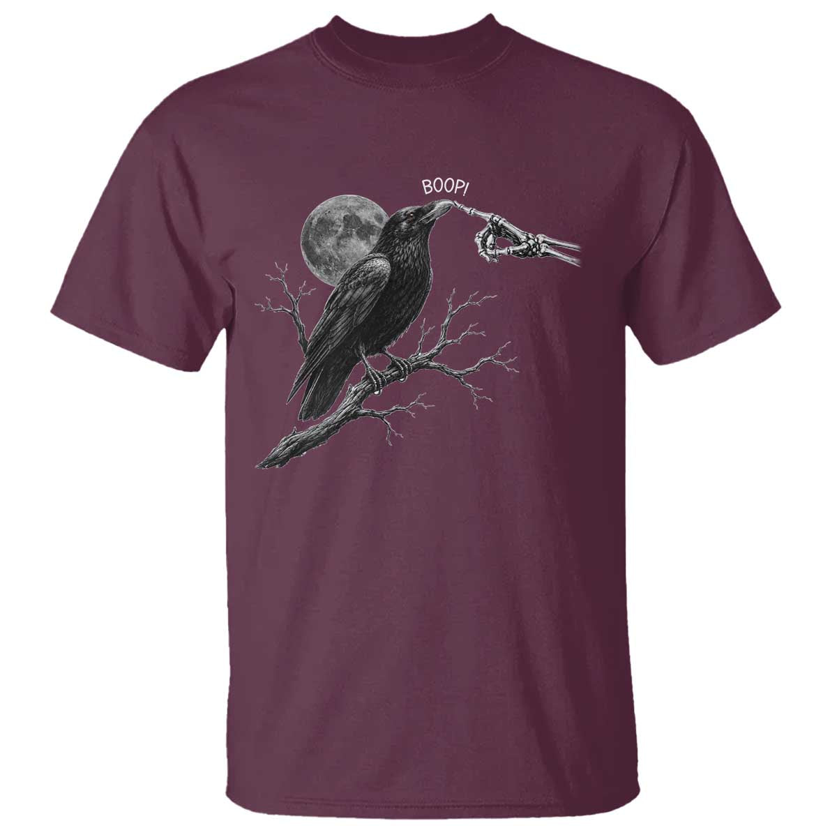 Skeleton Hand Boop Raven T Shirt Funny Spooky Halloween Crow Moon Graphic