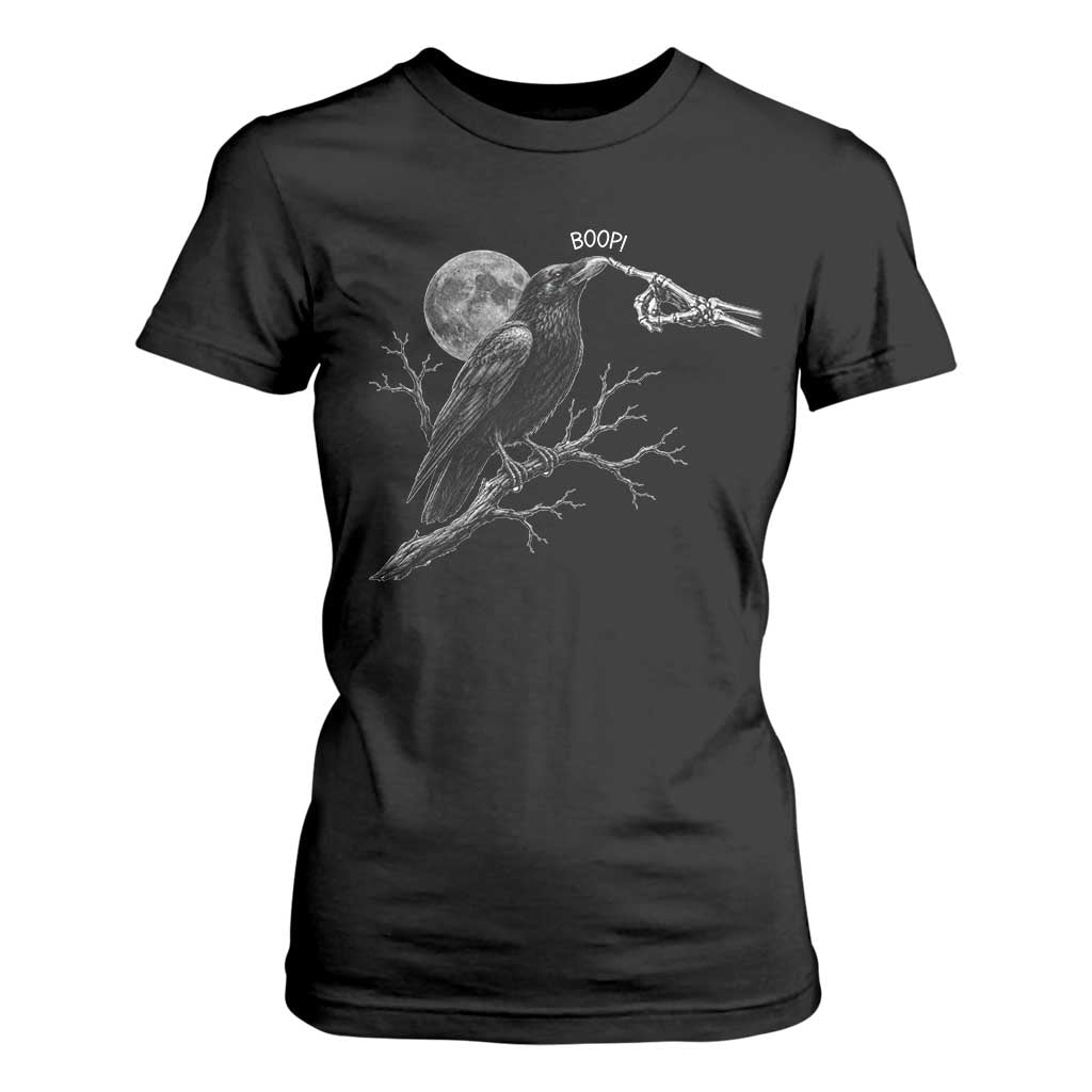 Skeleton Hand Boop Raven T Shirt For Women Funny Spooky Halloween Crow Moon Graphic TS10 Black Print Your Wear
