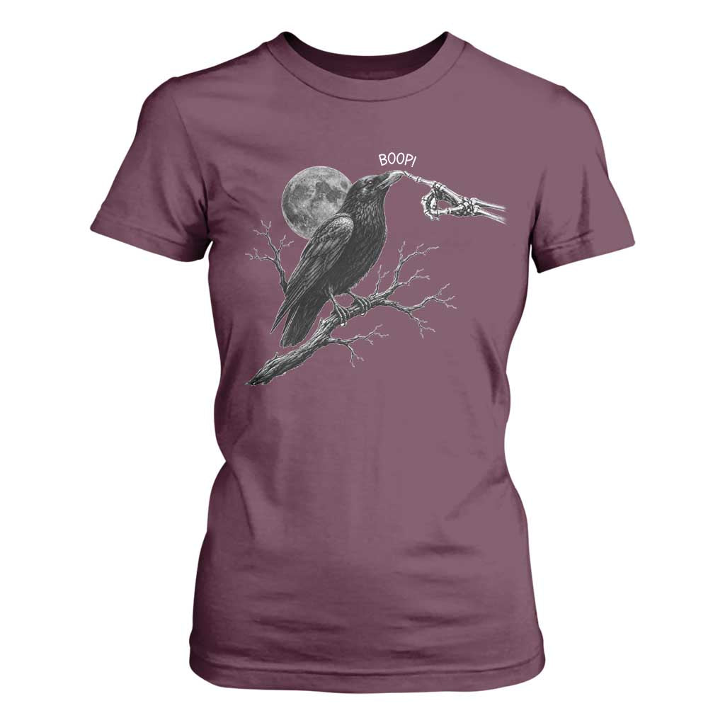 Skeleton Hand Boop Raven T Shirt For Women Funny Spooky Halloween Crow Moon Graphic