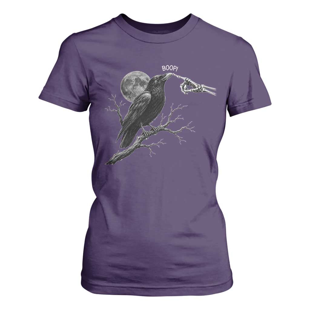 Skeleton Hand Boop Raven T Shirt For Women Funny Spooky Halloween Crow Moon Graphic
