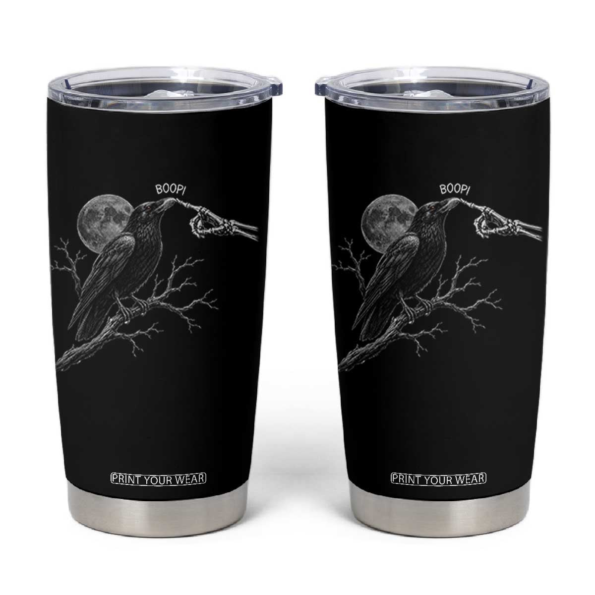 Skeleton Hand Boop Raven Tumbler Cup Funny Spooky Halloween Crow Moon Graphic
