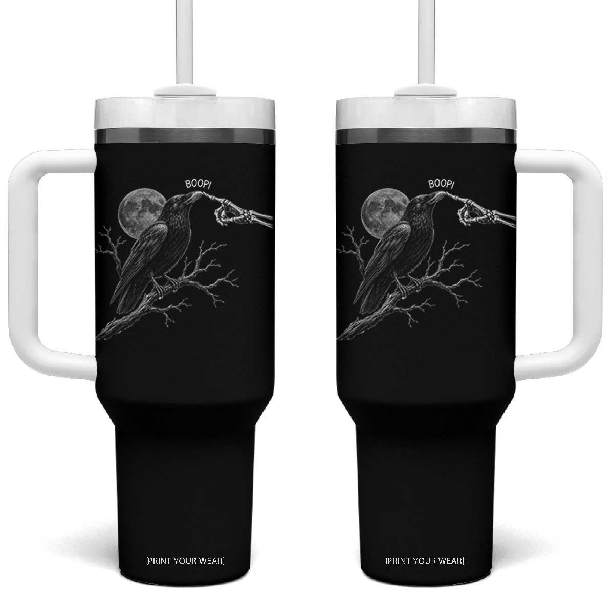 Skeleton Hand Boop Raven Tumbler With Handle Funny Spooky Halloween Crow Moon Graphic TS10 One Size: 40 oz Black Print Your Wear