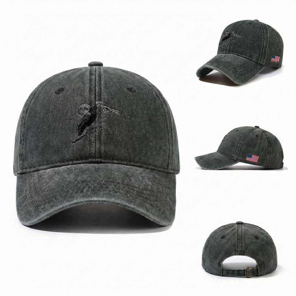 Skeleton Hand Boop Raven Washed Cotton Baseball Cap Funny Spooky Halloween Crow Moon Graphic