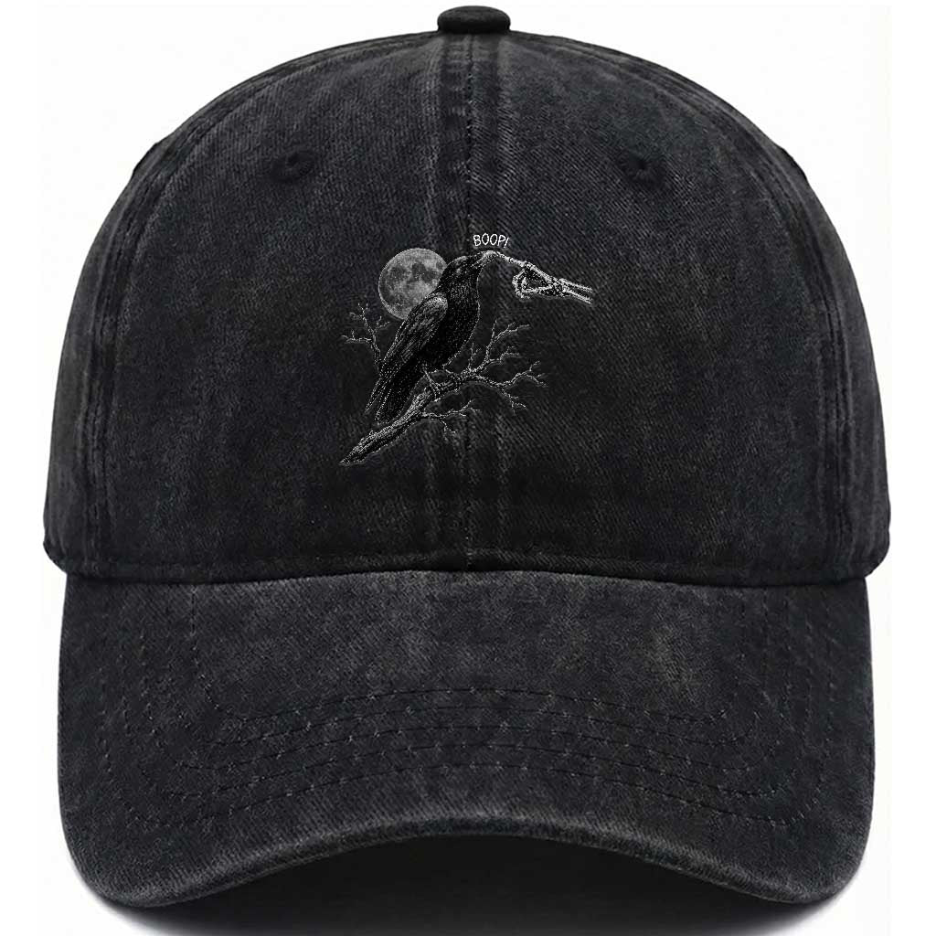 Skeleton Hand Boop Raven Washed Cotton Baseball Cap Funny Spooky Halloween Crow Moon Graphic TS10 Print Your Wear