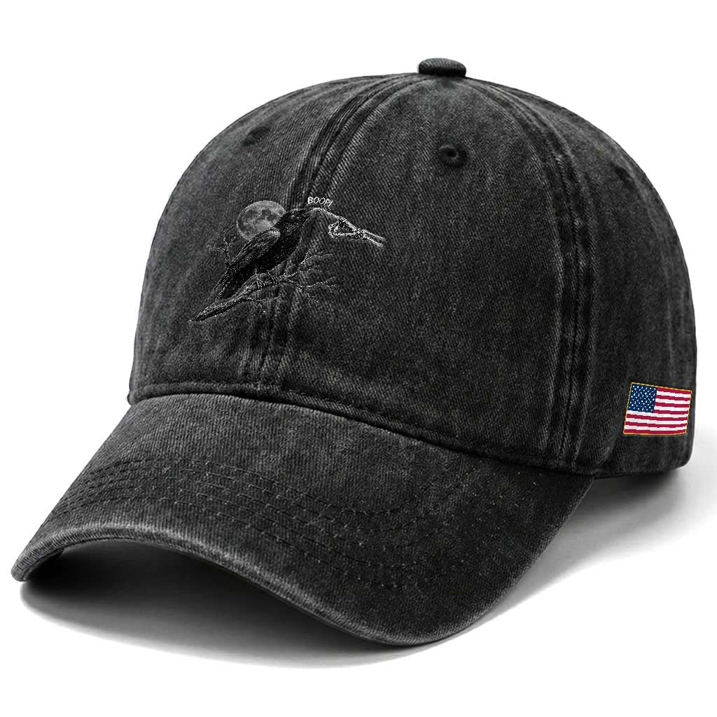 Skeleton Hand Boop Raven Washed Cotton Baseball Cap Funny Spooky Halloween Crow Moon Graphic