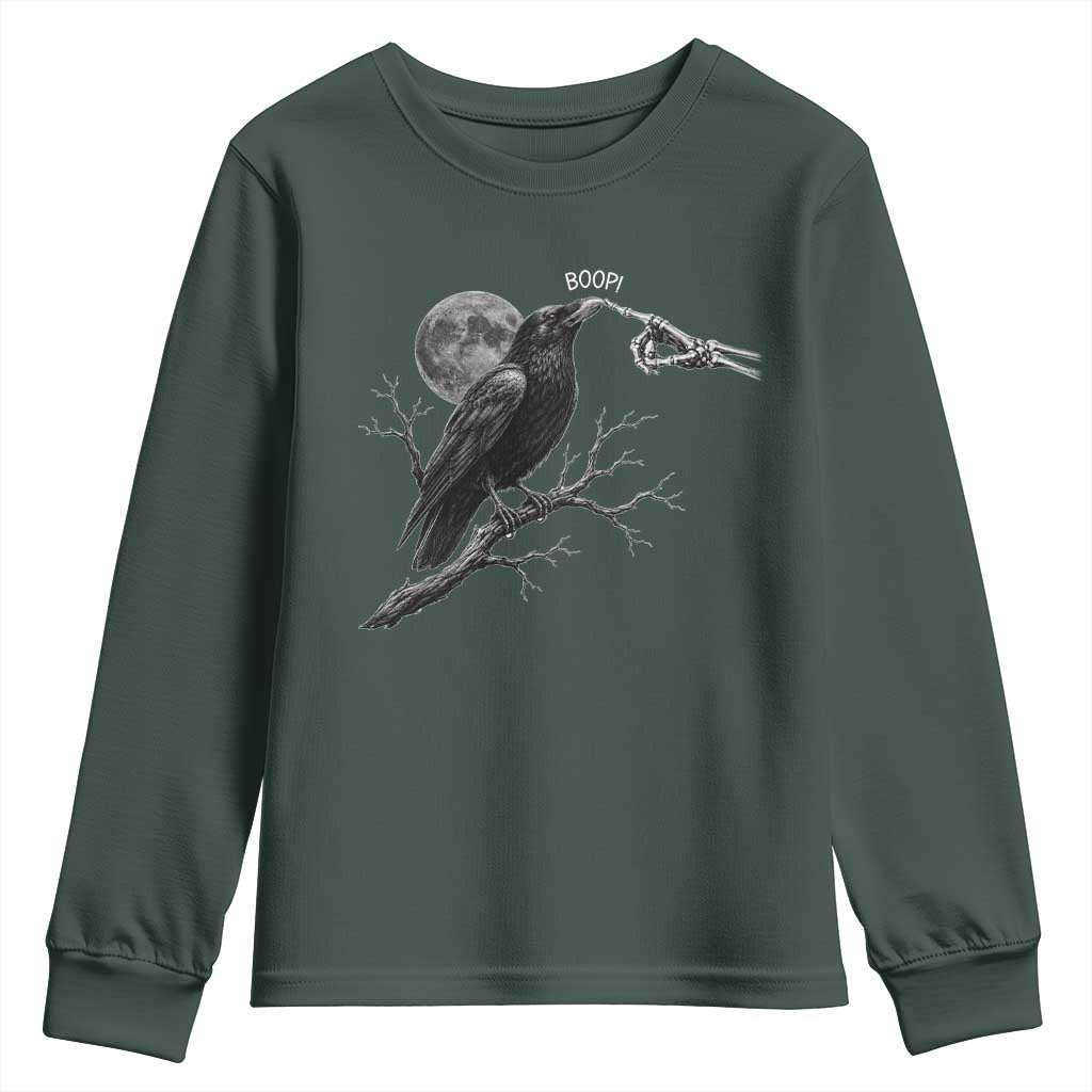 Skeleton Hand Boop Raven Youth Sweatshirt Funny Spooky Halloween Crow Moon Graphic