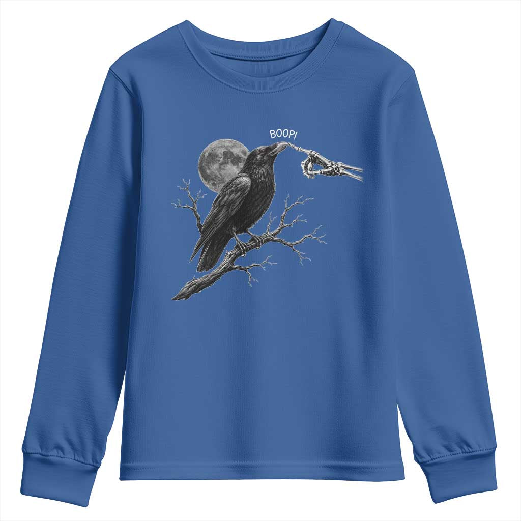 Skeleton Hand Boop Raven Youth Sweatshirt Funny Spooky Halloween Crow Moon Graphic