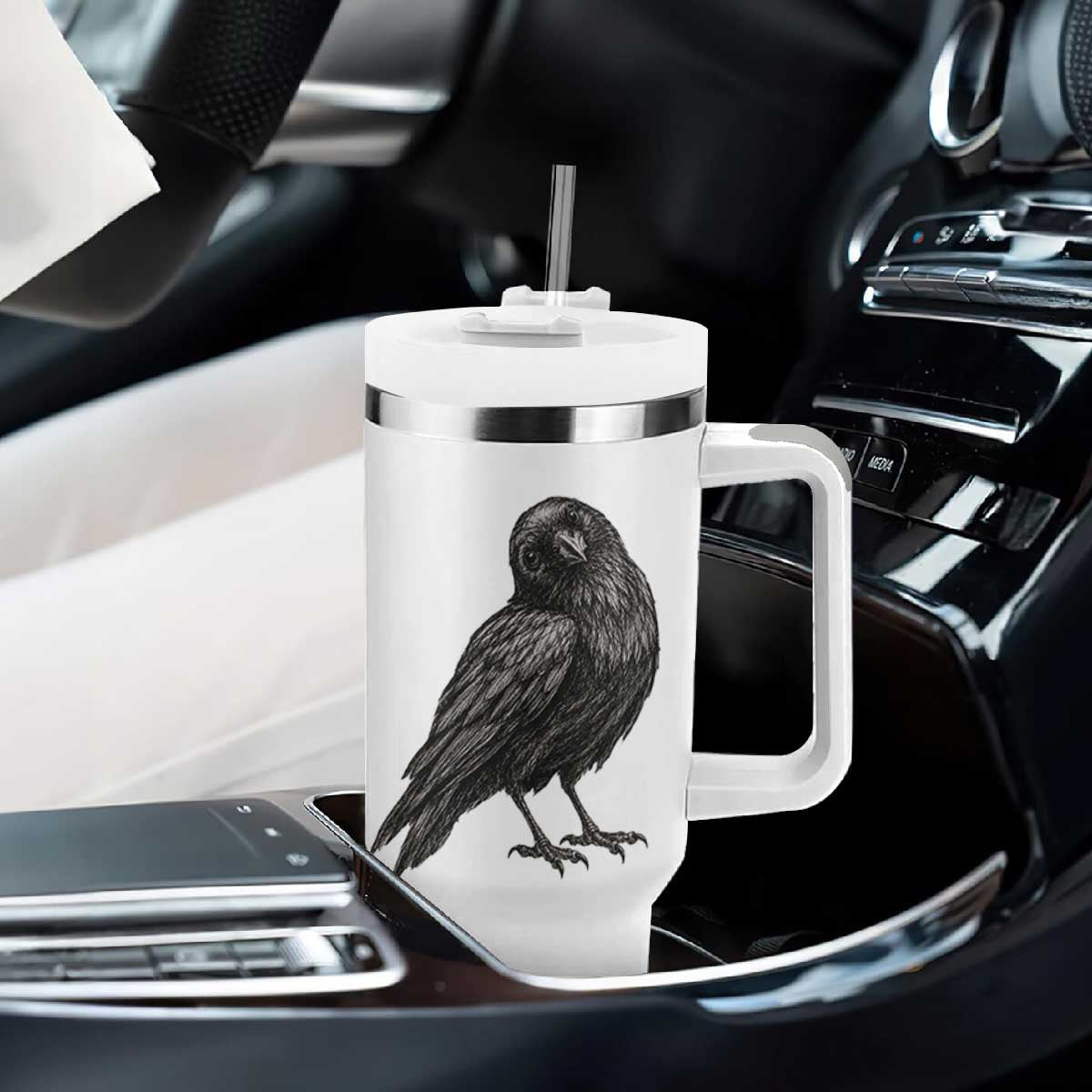 Curious Raven Crow Tumbler With Handle Vintage Dark Academia Gothic Black Bird Graphic
