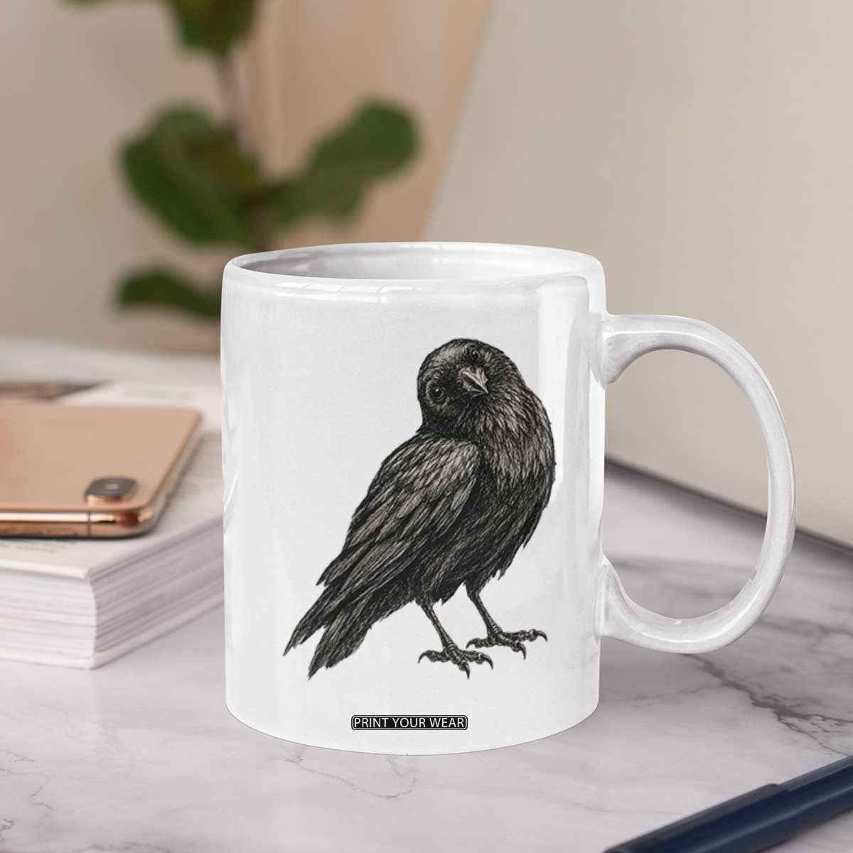 Curious Raven Crow Coffee Mug Vintage Dark Academia Gothic Black Bird Graphic