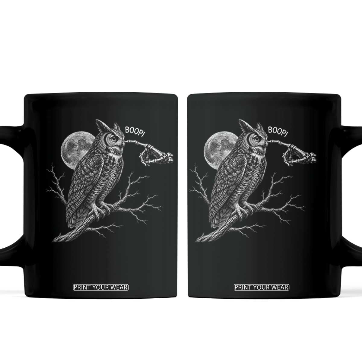 Skeleton Hand Boop Owl Coffee Mug Funny Spooky Halloween Moon Graphic