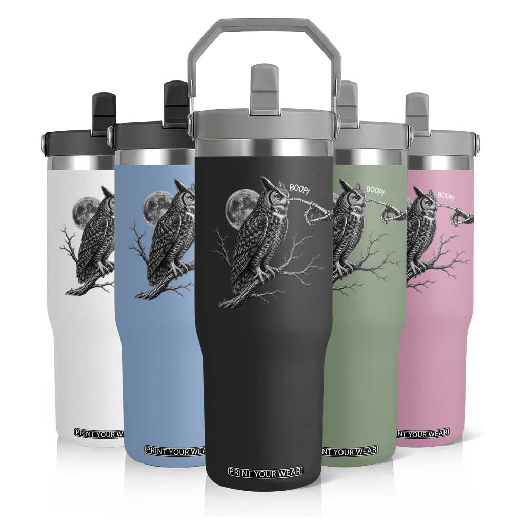 Skeleton Hand Boop Owl Flip Straw Tumbler Funny Spooky Halloween Moon Graphic