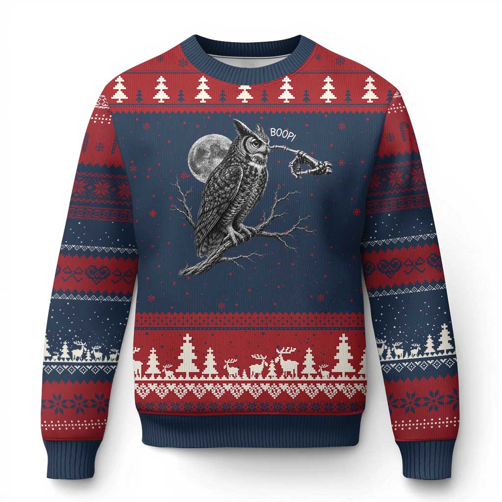 Skeleton Hand Boop Owl Ugly Christmas Sweater Funny Spooky Halloween Moon Graphic
