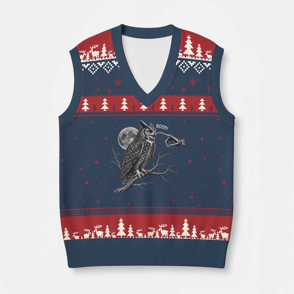 Skeleton Hand Boop Owl V-Neck Knit Sweater Vest Funny Spooky Halloween Moon Graphic