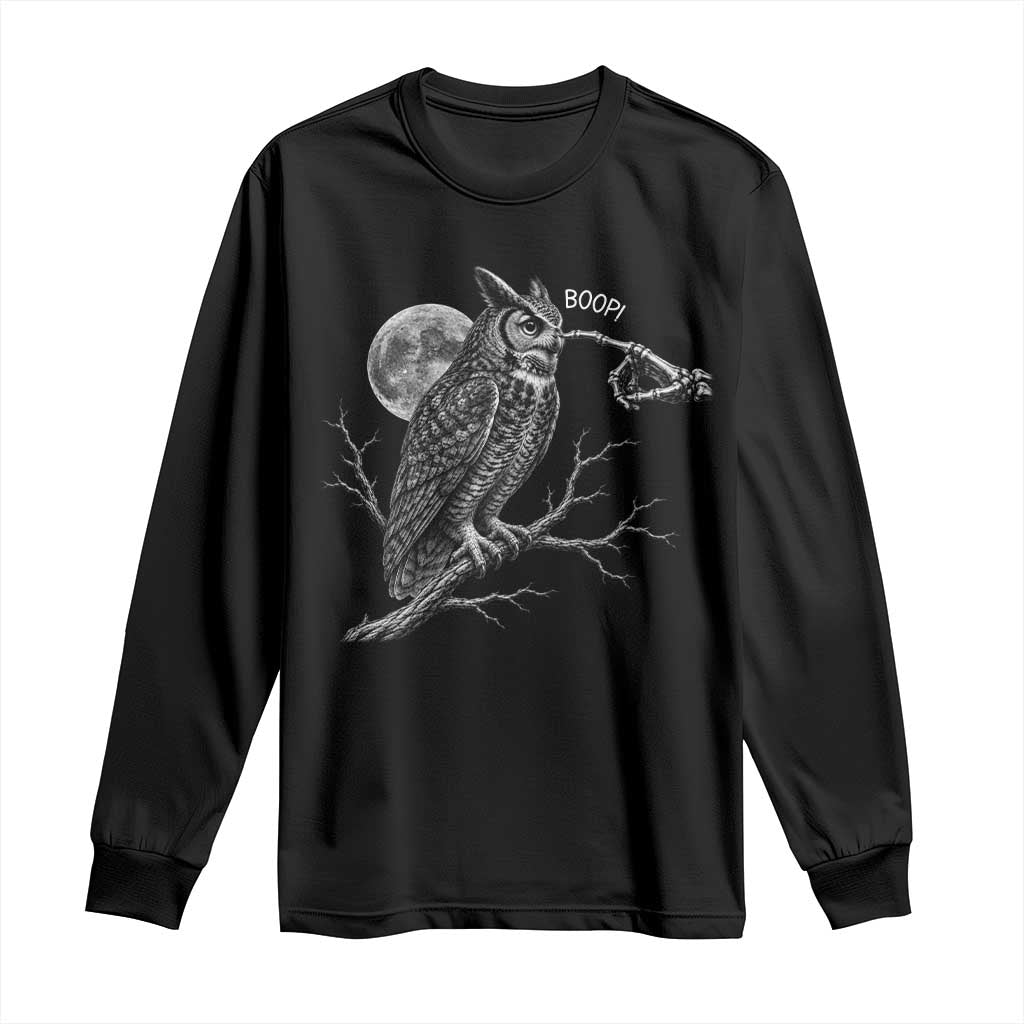 Skeleton Hand Boop Owl Long Sleeve Shirt Funny Spooky Halloween Moon Graphic TS10 Black Print Your Wear
