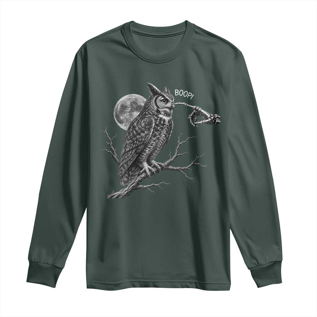 Skeleton Hand Boop Owl Long Sleeve Shirt Funny Spooky Halloween Moon Graphic