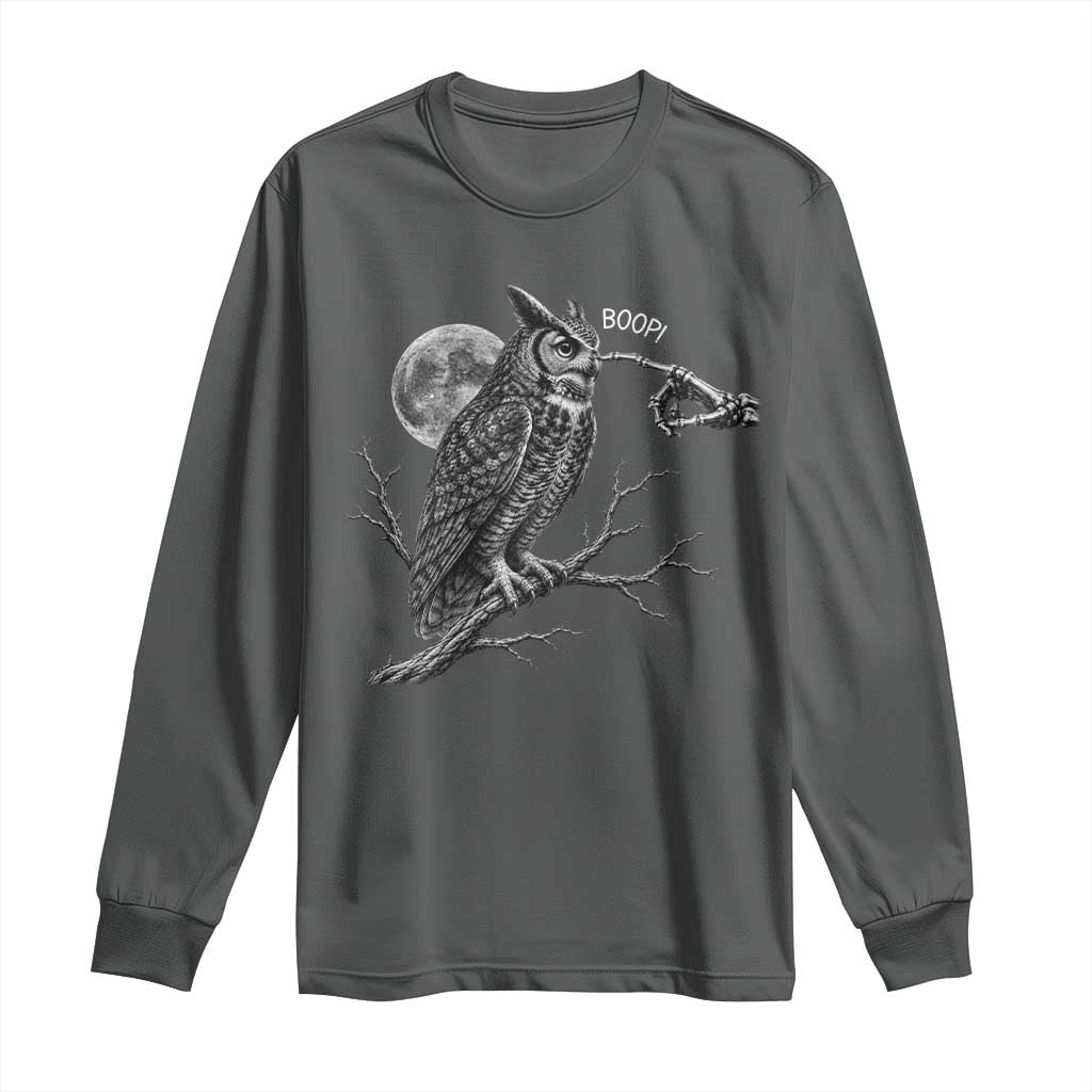 Skeleton Hand Boop Owl Long Sleeve Shirt Funny Spooky Halloween Moon Graphic