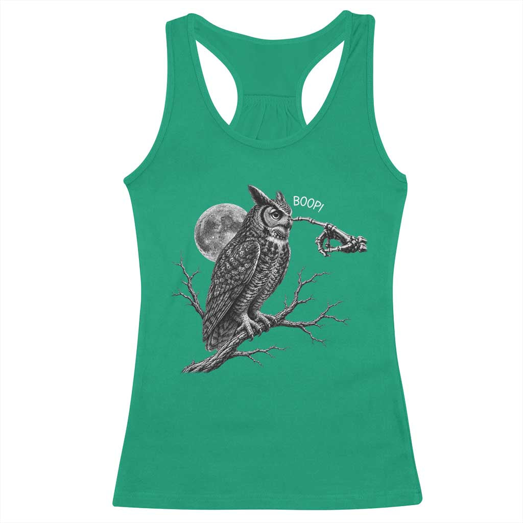 Skeleton Hand Boop Owl Racerback Tank Top Funny Spooky Halloween Moon Graphic