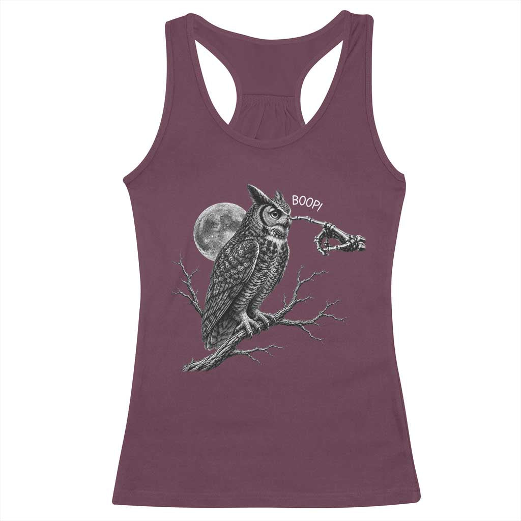 Skeleton Hand Boop Owl Racerback Tank Top Funny Spooky Halloween Moon Graphic