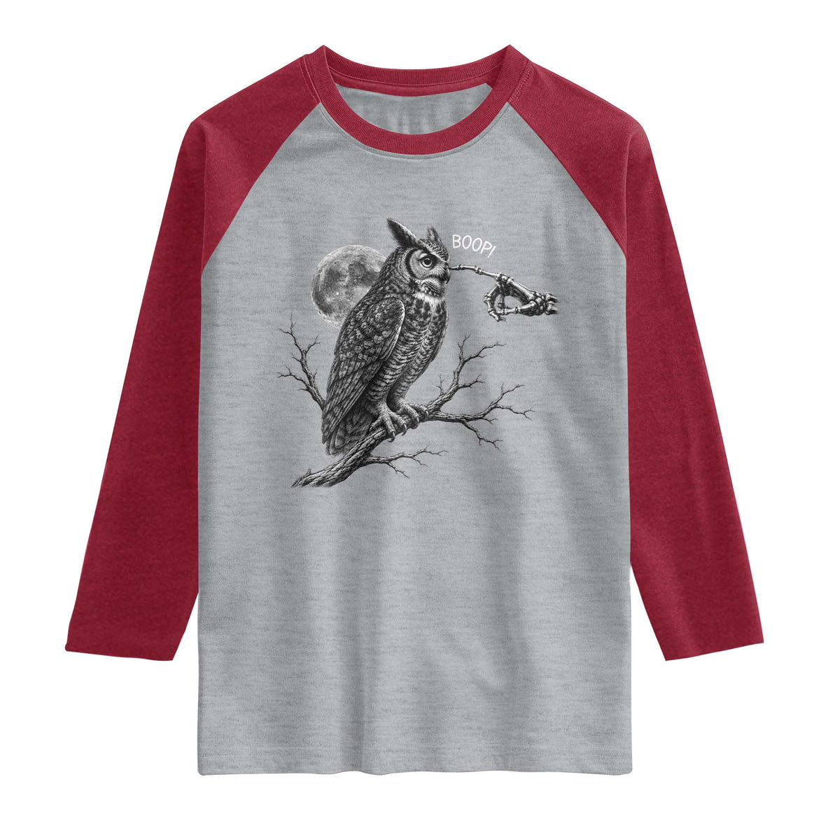 Skeleton Hand Boop Owl Raglan Shirt Funny Spooky Halloween Moon Graphic