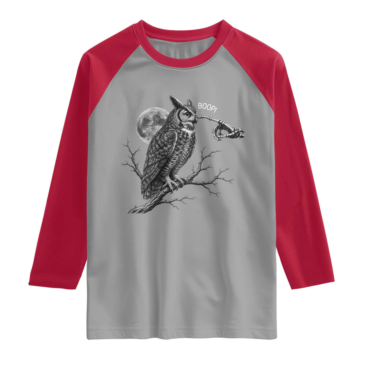 Skeleton Hand Boop Owl Raglan Shirt Funny Spooky Halloween Moon Graphic