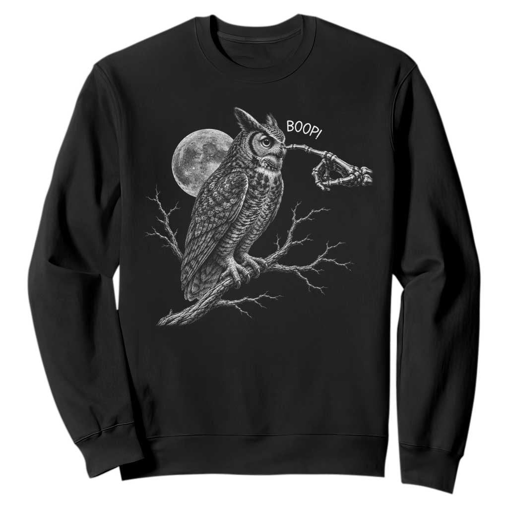 Skeleton Hand Boop Owl Sweatshirt Funny Spooky Halloween Moon Graphic TS10 Black Print Your Wear