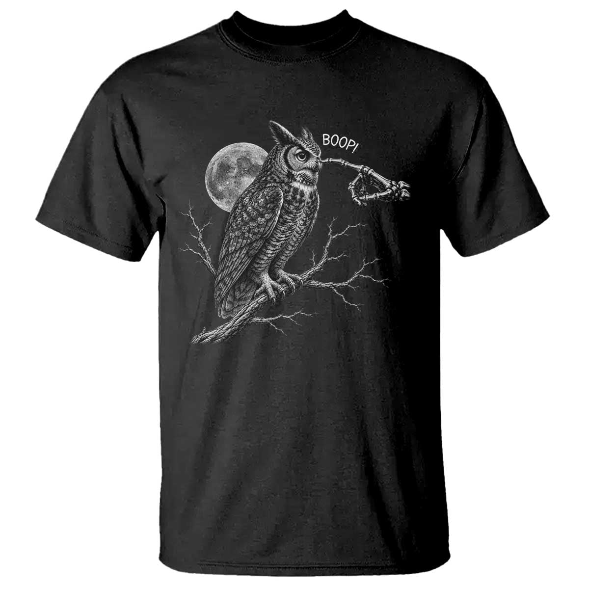 Skeleton Hand Boop Owl T Shirt Funny Spooky Halloween Moon Graphic TS10 Black Print Your Wear