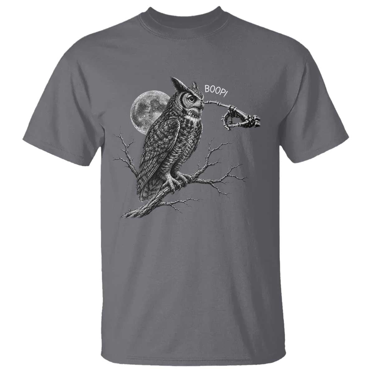 Skeleton Hand Boop Owl T Shirt Funny Spooky Halloween Moon Graphic