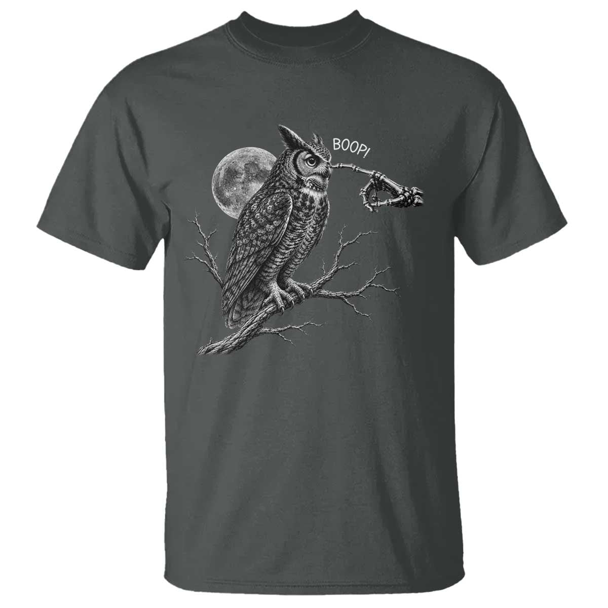 Skeleton Hand Boop Owl T Shirt Funny Spooky Halloween Moon Graphic