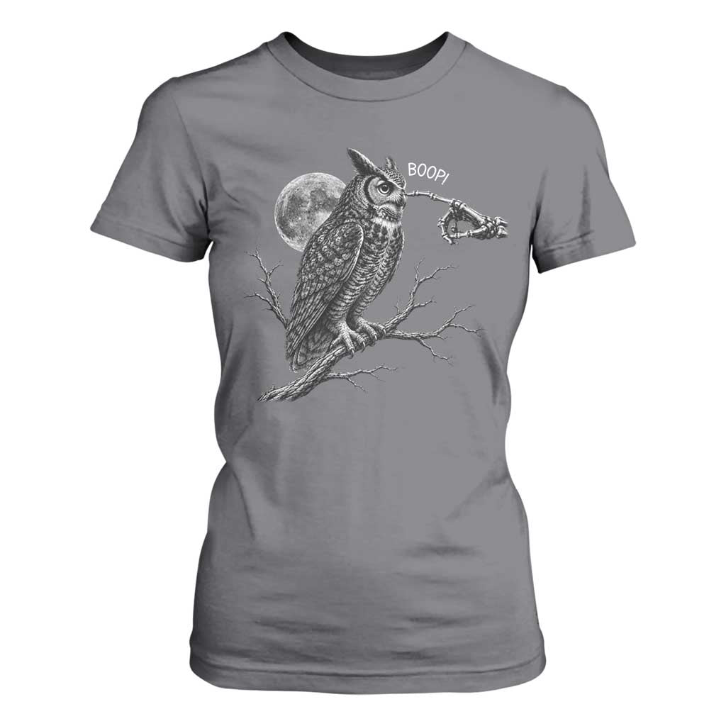 Skeleton Hand Boop Owl T Shirt For Women Funny Spooky Halloween Moon Graphic