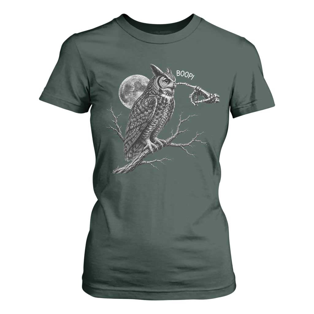 Skeleton Hand Boop Owl T Shirt For Women Funny Spooky Halloween Moon Graphic