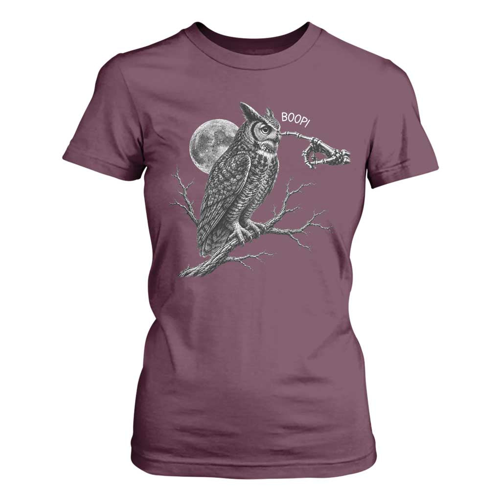 Skeleton Hand Boop Owl T Shirt For Women Funny Spooky Halloween Moon Graphic