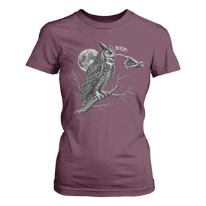 Skeleton Hand Boop Owl T Shirt For Women Funny Spooky Halloween Moon Graphic
