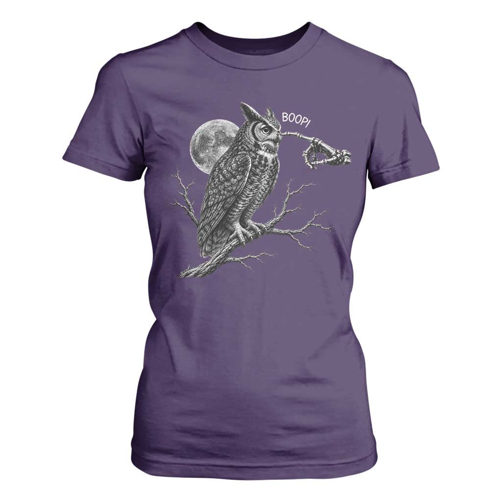 Skeleton Hand Boop Owl T Shirt For Women Funny Spooky Halloween Moon Graphic
