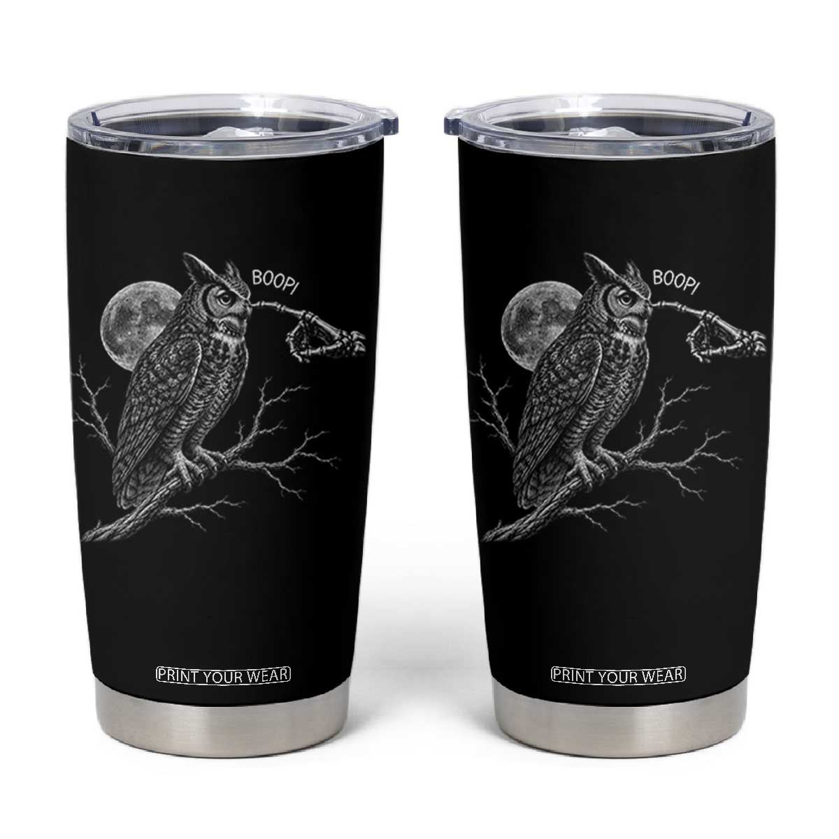 Skeleton Hand Boop Owl Tumbler Cup Funny Spooky Halloween Moon Graphic