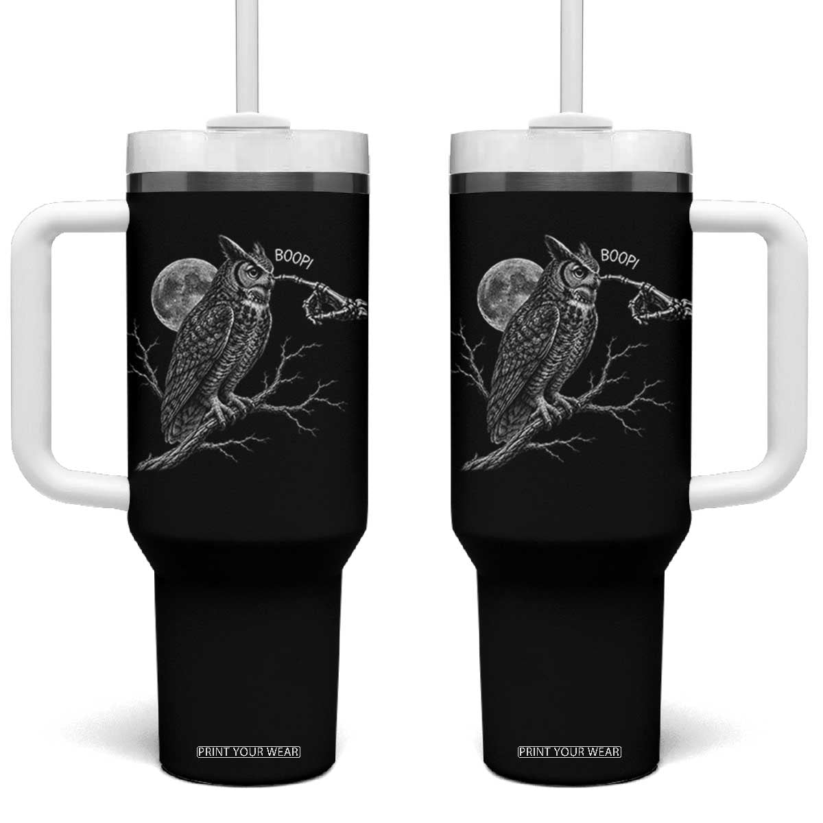 Skeleton Hand Boop Owl Tumbler With Handle Funny Spooky Halloween Moon Graphic TS10 One Size: 40 oz Black Print Your Wear