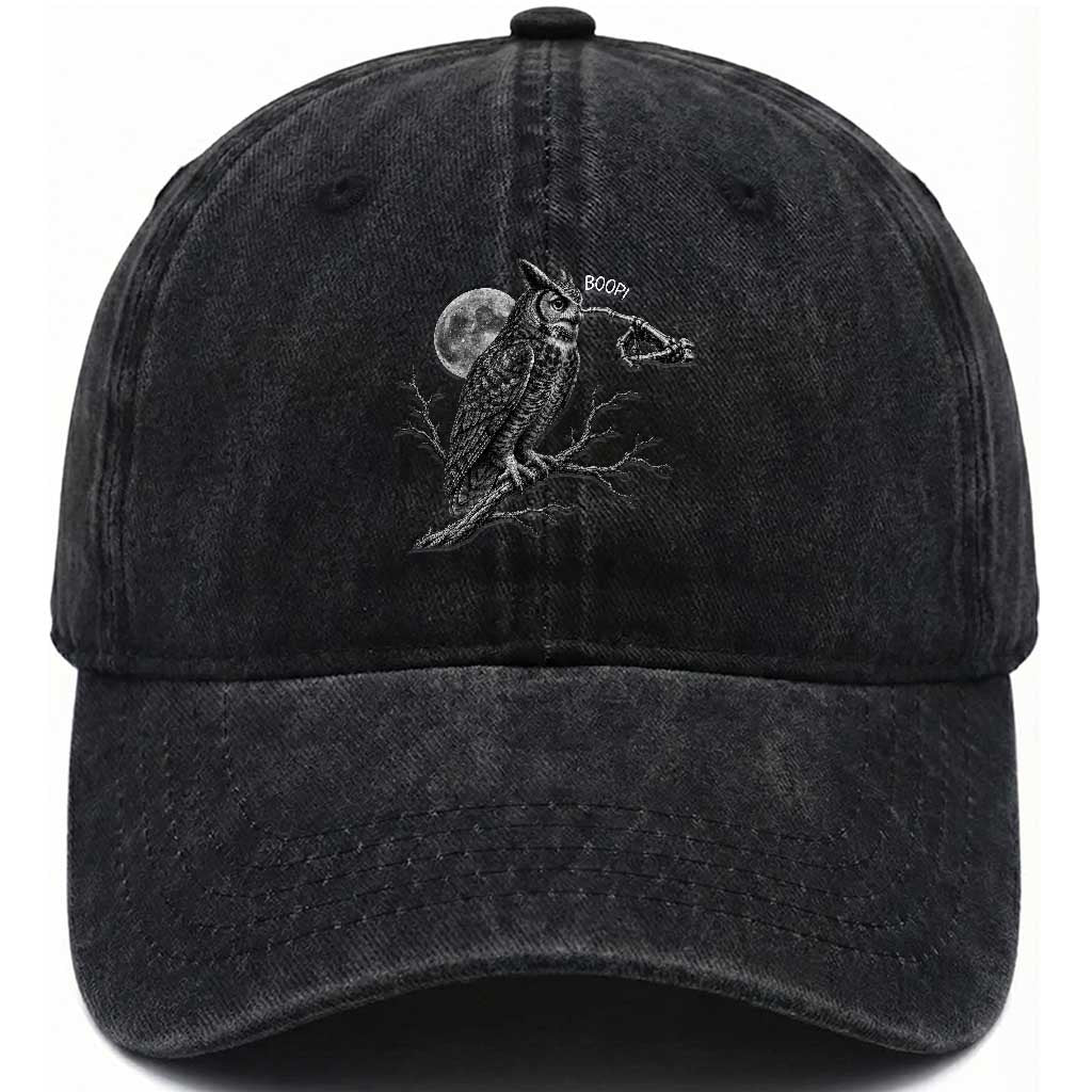Skeleton Hand Boop Owl Washed Cotton Baseball Cap Funny Spooky Halloween Moon Graphic