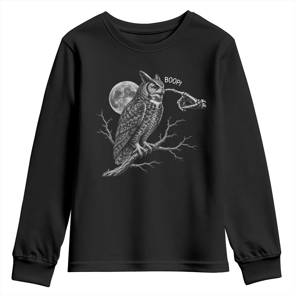 Skeleton Hand Boop Owl Youth Sweatshirt Funny Spooky Halloween Moon Graphic TS10 Black Print Your Wear