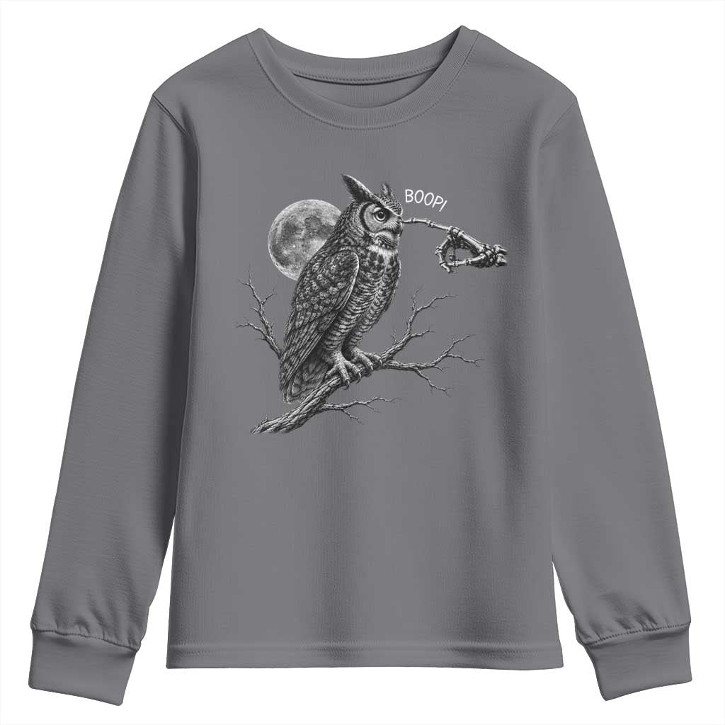 Skeleton Hand Boop Owl Youth Sweatshirt Funny Spooky Halloween Moon Graphic